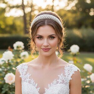 Bridal Faux Pearl & Rhinestone Headband White Padded Womens Hair Accessory Prom